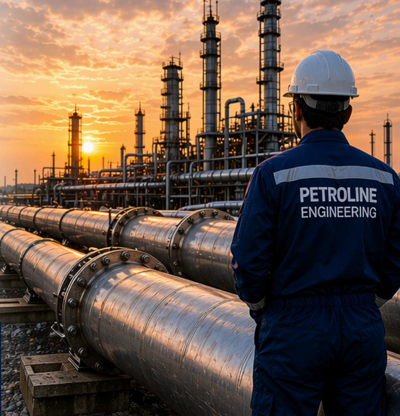 Ilustrasi infrastruktur pipeline minyak dan gas yang modern dan canggih, dengan pipa besar, fasilitas pemrosesan, dan latar belakang langit biru cerah.